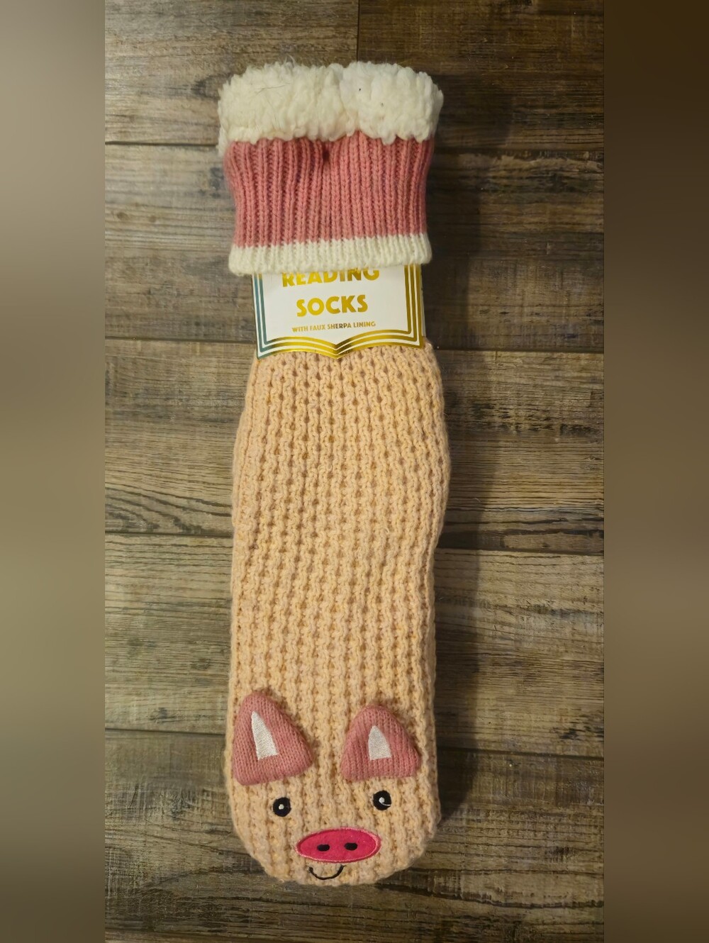 Cozy Pink & Cream Sherpa-Lined  Socks with Pig Face